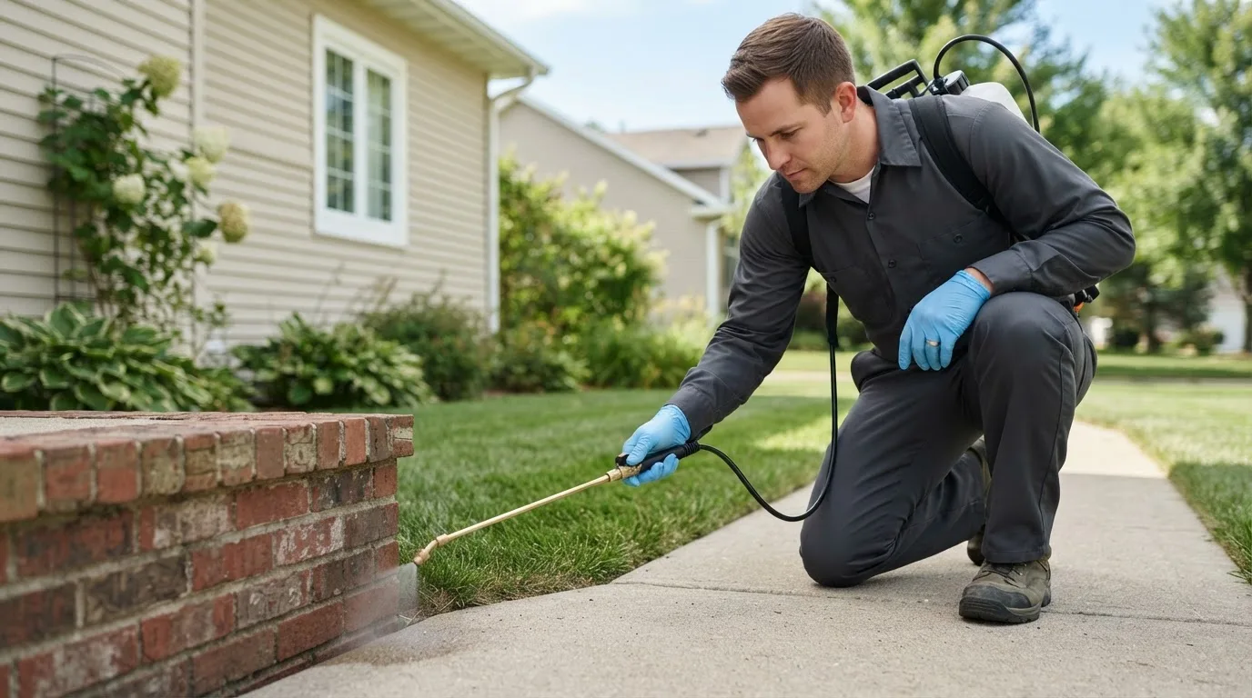 Pest control technician treating a home near Clifford, IN